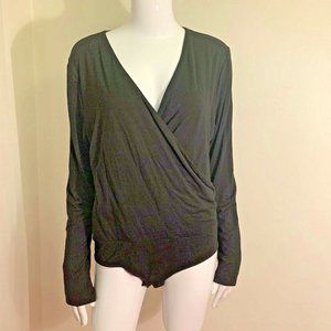 SOLD! J Crew Black Body Suit Wrap Bodice Long Sleeve One Piece Snap Crotch XL